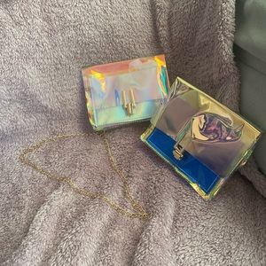 Bundle of 2 iridescent purses w/gold color chain